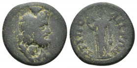Lydia, Tripolis. Pseudo-autonomous issue. 2nd-3rd century A.D. AE (19.8 mm, 4.7 g ). Draped bust of Serapis right / TPIΠOΛЄITΩN, Isis in long chiton s...
