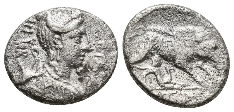 C. Hosidius Geta (68 BC), Denarius, (15.1mm, 3.8g) GETA III VIR, draped bust of ...