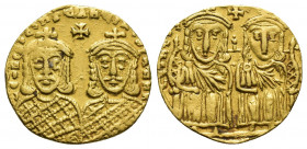 Leo IV, 775-780. With his son Constantine VI. Solidus, 778-780. AV (19mm, 4.5 g). LªONVS Sª GGOn COnSTAnTInO nªOS Leo IV and Constantine VI, seated fa...