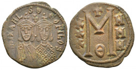 Michael II Æ 40 Nummi. Constantinople, AD 821-829. (28.9mm, 8.2 g) Busts of Michael II and Theophilus facing / large M between XXX and NNN.
