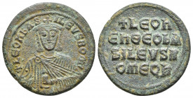 Leo VI the Wise AD 886-912. Constantinople Follis Æ (27,3mm., 9.4g) +LEON bAS-ILEVS ROM', crowned bust facing with short beard, wearing chlamys, holdi...