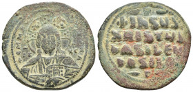 Anonymous Basil II & Constantine VIII, circa 1020-1028. Æ Follis (33.4 mm, 15.1 g). Constantinople mint. +ЄMMANHOVΛ Facing bust of Christ Pantokrator ...