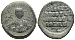 Anonymous Basil II & Constantine VIII, circa 1020-1028. Æ Follis (29.3mm, 16.1 g). Constantinople mint. +ЄMMANHOVΛ Facing bust of Christ Pantokrator /...