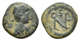 Leo I. A.D. 457-474. AE nummus (10.9 mm, 1.1 g). indeterminable , Struck A.D. 472-474. no legible legend, diademed head of Leo I right / Monogram of L...