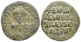 Romanus I Æ Nummus. AD 920-944. (26.9mm, 8.00 g) +RѠmAn' bASILЄVS RѠm', facing bust of Romanus I, bearded, wearing crown with cross and jewelled chlam...
