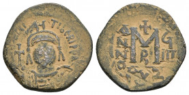 MAURICE TIBERIUS (582-602). Follis. Cyzicus. Dated RY 9 (590/1). (28.8mm, 11.0 g) Obv: D N MAVRICI TIЬЄRI P P A. Helmeted and cuirassed bust facing, h...