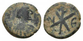 Justinian I (527-565). Æ 5 Nummi (13.2mm, 2.16g). Nicomedia. Diademed, draped and cuirassed bust r. R/ Large Chi-Rho monogram between N-E.