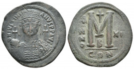 Justinian I Æ 40 Nummi. Constantinople, dated RY 12 = 538/9 AD. (40mm, 21.8g ) D N IVSTINIANVS P P AVI, helmeted and cuirassed bust facing, holding gl...