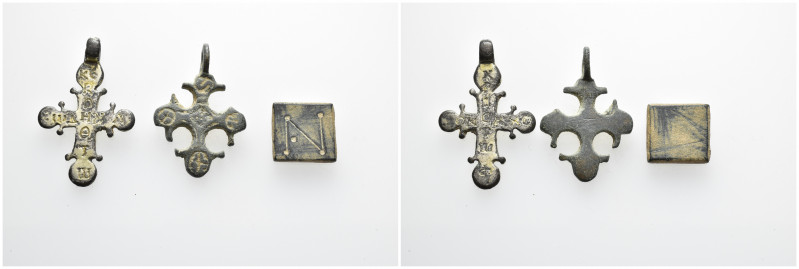 Antiques.Lot includes 2 wearable cross and a byzantium weight with 'N'.Left cros...