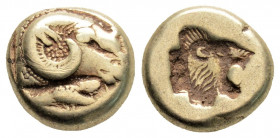 Greek 
LESBOS, Mytilene (Circa 521-478 BC)
EL Hekte (10.4mm, 2.51g)
Obv: Head of ram right; below, cock standing left, with head lowered.
Rev: Incuse ...