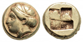 Greek
IONIA, Phokaia (Circa 478-387 BC)
EL Hekte (9.7mm, 2.53g)
Obv: Young female head left, hair in band; below, inverted seal left. 
Rev: Quadripart...