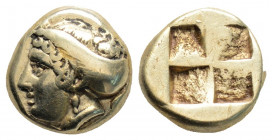 Greek
IONIA, Phokaia (Circa 478-387 BC)
EL Hekte (10.2mm 2.48g)
Obv:Female head to left, hair bound in sakkos and wearing pendant earring; behind, sea...