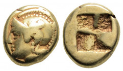 Greek
IONIA, Phokaia (Circa 478-387 BC)
EL Hekte (10.4mm, 2.53g)
Obv: Helmeted head of Athena left; below, small seal left.
Rev: Quadripartite incuse ...