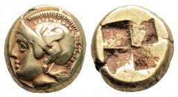 Greek
IONIA, Phokaia (Circa 478-387 BC)
EL Hekte (10.3mm, 2.55g)
Obv: Helmeted head of Athena left; below, small seal left.
Rev: Quadripartite incuse ...