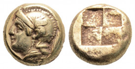 Greek
IONIA, Phokaia (Circa 478-387 BC)
EL Hekte (9.9mm, 2.56g)
Obv: Helmeted head of Athena left; below, small seal left.
Rev: Quadripartite incuse s...