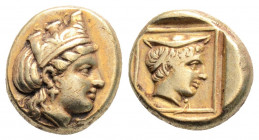 Greek
LESBOS, Mytilene (Circa 412-378 BC)
EL Hekte (11mm, 2.53g)
Obv: Head of Kybele right, wearing turreted crown and single-pendant earring. 
Rev: H...