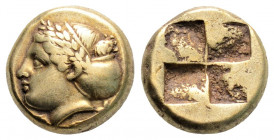 Greek
IONIA, Phokaia (Circa 387-326 BC)
EL Hekte (10.3mm, 2.53g)
Obv: Laureate female head to left, her hair in a sakkos; below, small seal to right. ...