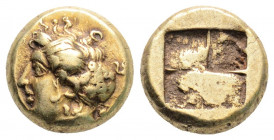 Greek 
IONIA, Phokaia (Circa 478-387 BC)
EL Hekte (10mm, 2.55g)
Obv: Head of nymph left, with hair in sakkos; to right, small seal downward.
Rev: Quad...