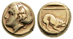 Greek
LESBOS, Mytilene. (Circa 412-378 BC) 
EL Hekte(10.5mm, 2.55 g)
Obv: Head of Ariadne left, hair in sakkos decorated with three grape bunches 
Rev...