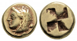 Greek
IONIA. Phokaia. (Circa 387-326 BC) 
EL Hekte (10.5 mm, 2.52g)
Obv:Head of Omphale to left, wearing lion skin headdress of Herakles; club behind ...