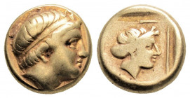 LESBOS, Mytilene. (Circa 377-326 BC) 
EL Hekte (10.5mm, 2.53g) 
Obv: Young male head right, wearing taenia with horn 
Rev: Female head right with hair...