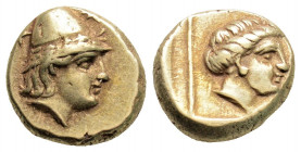 Greek
LESBOS, Mytilene. (Circa 377-326 BC)
EL Hekte (11mm, 2.55g)
Obv: Head of Kabeiros right, wearing wreathed cap; two stars flanking.
Rev: Head of ...