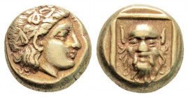 Greek
LESBOS, Mytilene (Circa 377-326 BC)
EL Hekte (10.1mm, 2.55g)
Obv: Wreathed head of Dionysos right.
Rev: Head of satyr facing, with full head of ...