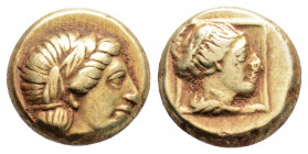 Greek 
LESBOS, Mytilene (Circa 377-326 BC)
EL Hekte (10.2mm, 2.54g)
Obv: Laureate head of Apollo (or Dionysos?) right.
Rev: Draped female bust (of Art...