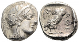 Greek
ATTICA, Athens (Circa 449-404 BC.)
AR Tetradrachm (25.1mm, 17.1g)
Obv: Head of Athena to right, wearing crested Attic helmet adorned with three ...
