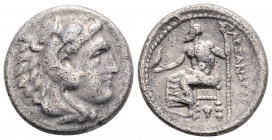 Greek
KINGs OF MACEDON, temp. Philip III - Lysimachos (Circa 323-280 BC)
AR Drachm (17mm, 4.1g)
Obv: Head of Herakles to right, wearing lion skin head...