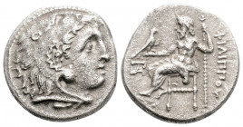 Greek 
KINGS OF MACEDON, Philip III Arrhidaios (Circa 323-317 BC)
AR Drachm (17.3mm, 3.8g)
Obv: Head of Herakles right, wearing lion skin.
Rev: ΦΙΛΙΠΠ...