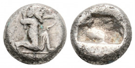 Greek
ACHAEMENID EMPIRE. Time of Darios I to Xerxes I (Circa 505-480 BC). Sardeis.
AR 1/3 Siglos (10mm 1.9g)
Obv: Persian king in kneeling-running sta...