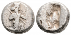 Greek
ACHAEMENID EMPIRE. Time of Darios I to Xerxes II (485-420 BC). Sardes.
AR Siglos (14mm 5.4g)
Obv: Persian king in kneeling-running stance right,...