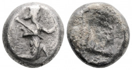 Greek
ACHAEMENID EMPIRE. Time of Darios I to Xerxes II (485-420 BC). Sardes.
AR Siglos (15mm 5.2g)
Obv: Persian king in kneeling-running stance right,...