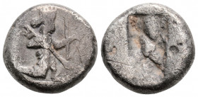 Greek
ACHAEMENID EMPIRE. Time of Darios I to Xerxes II (485-420 BC). Sardes.
AR Siglos (16mm 5.3g)
Obv: Persian king in kneeling-running stance right,...