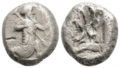 Greek
ACHAEMENID EMPIRE (Circa 420-375 BC)
AR Siglos Silver (15.6mm, 4.9g)
Obv: Persian king or hero in kneeling/running stance right, holding transve...