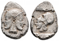 Greek
MYSIA, Lampsakos (Circa 500-450 BC)
AR Drachm (19.5mm, 5.4g)
Obv: Janiform female head, with circular earring. 
Rev: Helmeted head of Athena to ...