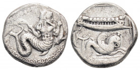 Greek
PHOENICIA, Arados (Circa 400-380 BC) 
AR Stater (15.1mm, 3.1g)
Obv: ('ma' in Aramaic) Ba'al-Arwad right, holding a dolphin in each hand. 
Rev: G...