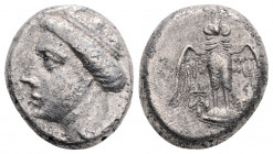 Greek
PONTOS, Amisos (Circa 370-330 BC)
AR Drachm (14.8mm, 3.5g)
Obv: Turreted head of Hera left.
Rev: Owl with spread wings standing facing on shield...