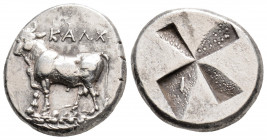 Greek
BITHYNIA, Kalchedon (Circa 340-320 BC)
AR Drachm or siglos (17.7mm, 5.3g)
Obv: KAΛX Bull standing to left on a grain ear.
Rev: Quadripartite inc...