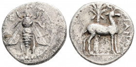 Greek
IONIA. Ephesos. (Circa 202-150 BC). Antiphilos, magistrate.
AR Drachm (18mm 3.8g)
Obv: Bee.
Rev: Stag standing right; palm tree behind.
BMC 124-...