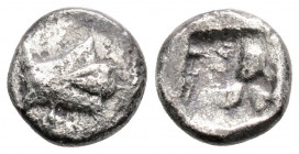 Greek
MYSIA, Kyzikos (Circa 600-525 BC)
AR Trihemiobol (9mm, 0.94g)
Obv: Head of tunny fish to right, superimposed on head of bull right.
Rev: Incuse ...