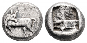 Greek
ASIA MINOR, Uncertain. (circa 500-480 BC) 
AR Hemidrachm (10.3mm, 1.8g). 
Obv: Bull(?) standing left, head reverted 
Rev: Quadripartite incuse s...