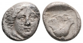 Greek
CARIA. Rhodes. (Circa 408/7-394 BC).
AR Hemidrachm (12mm 1.7g)
Obv: Head of Helios facing slightly right.
Rev: P - O. Rose.
Ashton 19; SNG Copen...