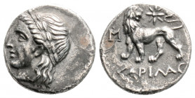 Greek
IONIA, Miletos (Circa 360-350 BC) 
AR Hemidrachm (12.8mm, 1.4g)
Obv: Head of Apollo left, wearing laurel wreath.
Rev: Lion standing left, head r...