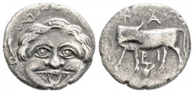 Greek
MYSIA, Parion (Circa 4th century BC) 
AR Hemidrachm (14.8mm, 1.9g)
Obv: ΠΑ - ΡΙ Bull standing to left, head turned back to right; below, grape b...