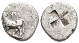 Greek
THRACE, Byzantion (Circa 350-300 BC)
AR half-siglos or hemidrachm (14.2mm, 2.3g)
Obv: NGC XF. Bull standing left on dolphin left; ΠY above.
Rev:...