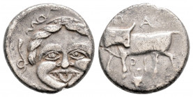 Greek
MYSIA, Parion (Circa 4th century BC)
AR Hemidrachm (14.1mm, 2.1g)
Obv: ΠΑ - ΡΙ Bull standing to left, head turned back to right; below, grape bu...