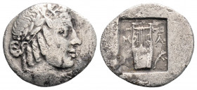 Greek
LYCIA, Lycian League, Masikytes (Circa 42 BC)
AR Hemidrachm (15.8mm, 1.3g)
Obv: Λ-[Y], laureate head of Apollo right.
Rev: M-A, lyre, filleted b...