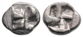 Greek
IONIA, Uncertain (Circa 625-600 BC)
AR Hemihekte or 1/12 Stater (10mm, 1g) 
Obv: Raised quadripartite swastika pattern. 
Rev: Incuse swastika pa...